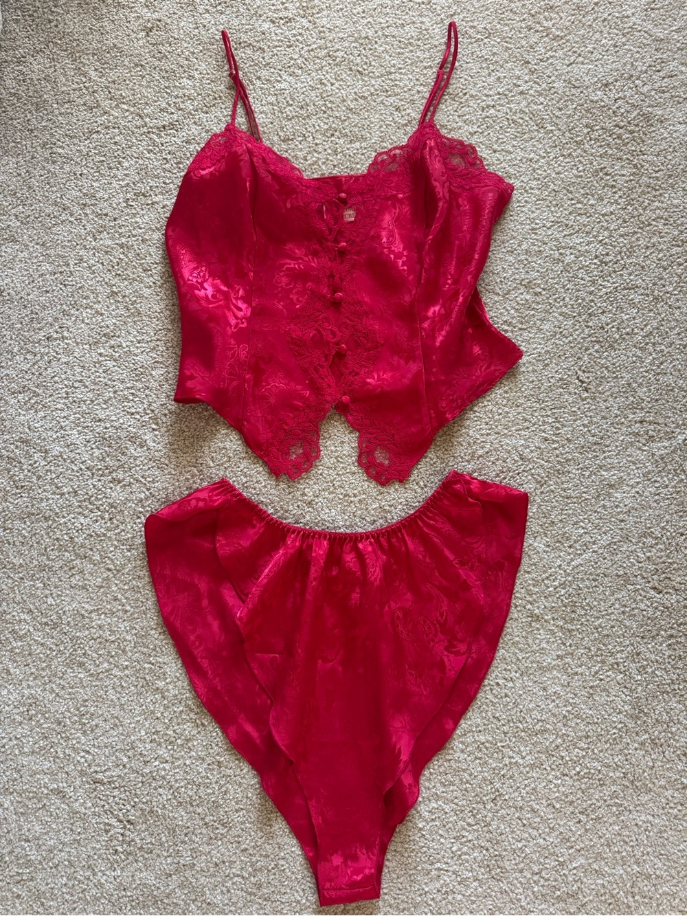 Victoria's Secret Vintage Red Satin Lace Camisole & High-Waist Brief Set